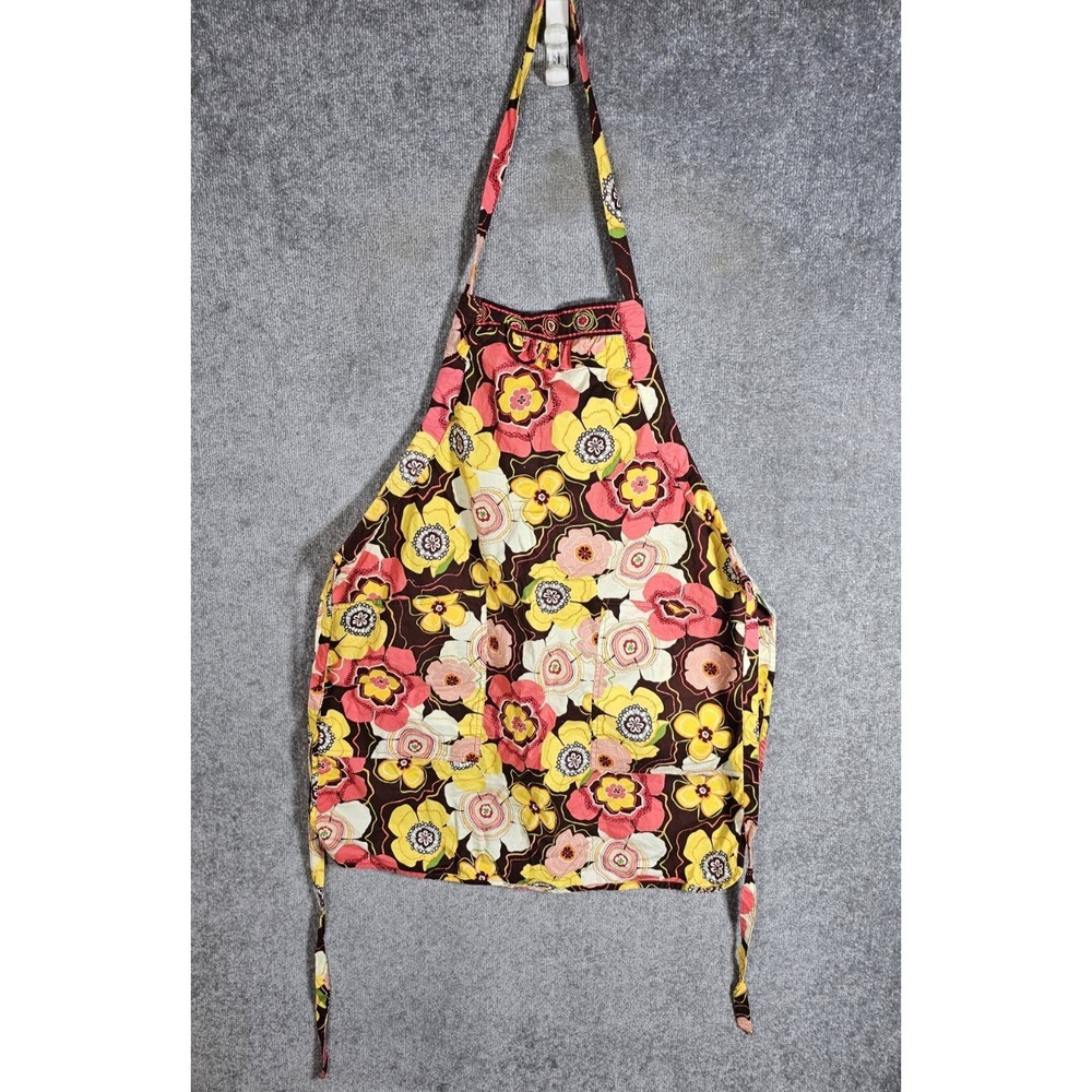 Vera Bradley Buttercup Floral Apron Pink Yellow‎ Brown Cotton Pockets Tie Back